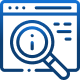 Blue icon showing a web browser window with a magnifying glass containing an information symbol – indicator for industry focus areas