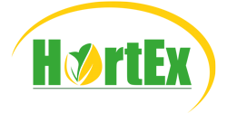Logo of the HortEx trade fair with green lettering and a yellow arc, leaf design inside the letter O.