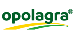Logo of the Opolagra trade fair with the word 'opolagra' in green lowercase letters, two curved lines in yellow and green underneath, and a circled DLG symbol.